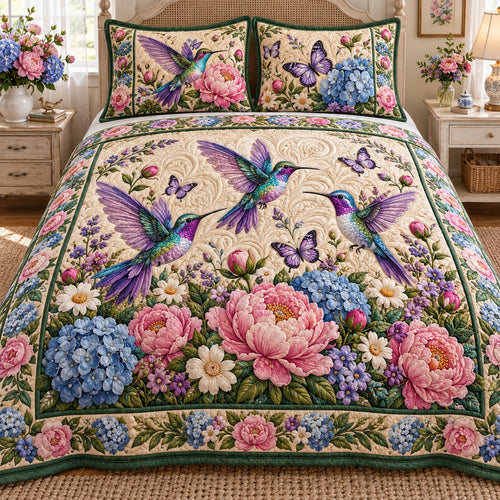 Butterfly Peony Hummingbird 3-Piece Quilted Bedding Set NCU0NTD2437