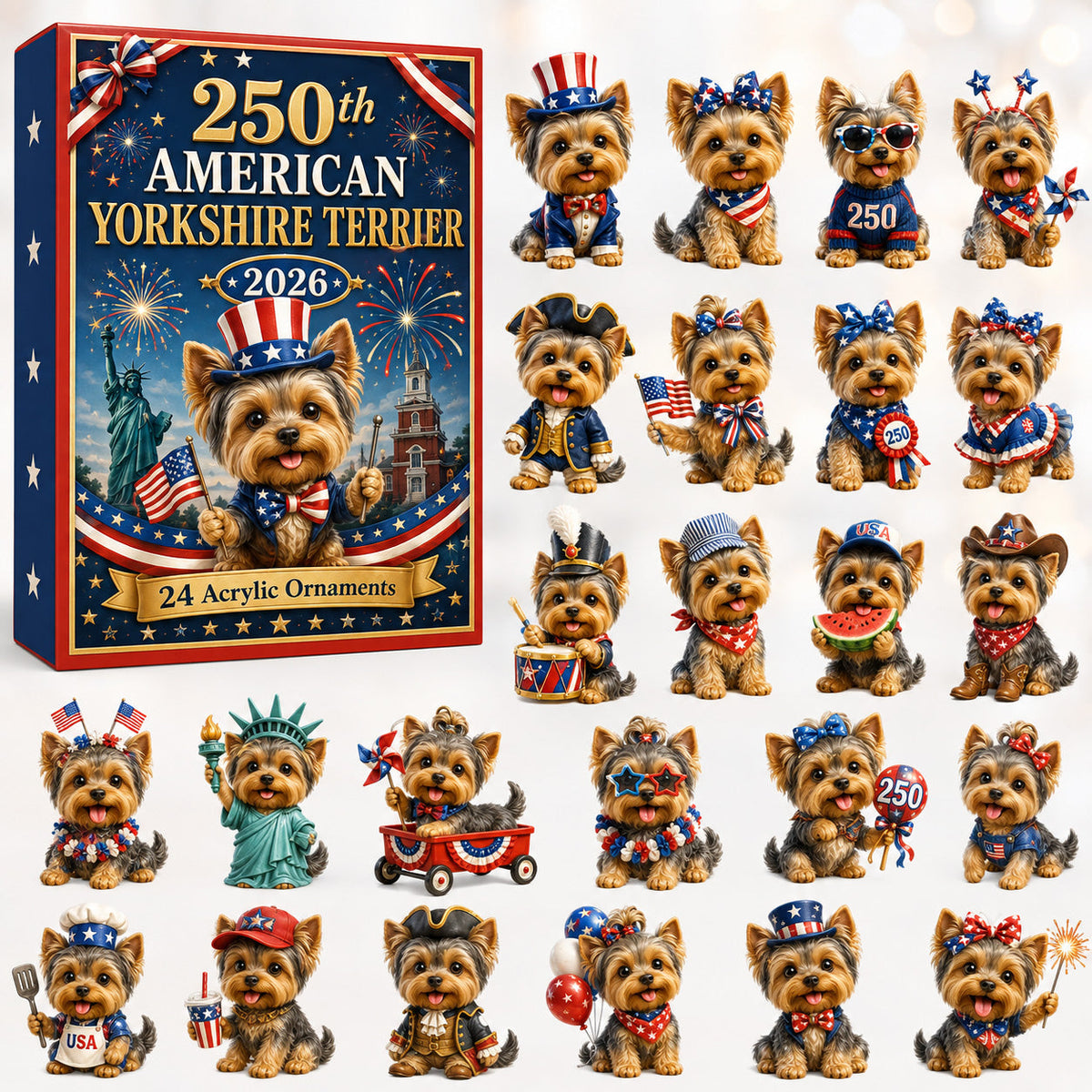 CHRISTMAS KICKOFF 40% OFF - 250th American Yorkshire Terrier Advent Calendar 2026 - 24-Day Festive Countdown, Acrylic Charms Blind Box - Gift For Yorkshire Terrier Lovers AC0HT283