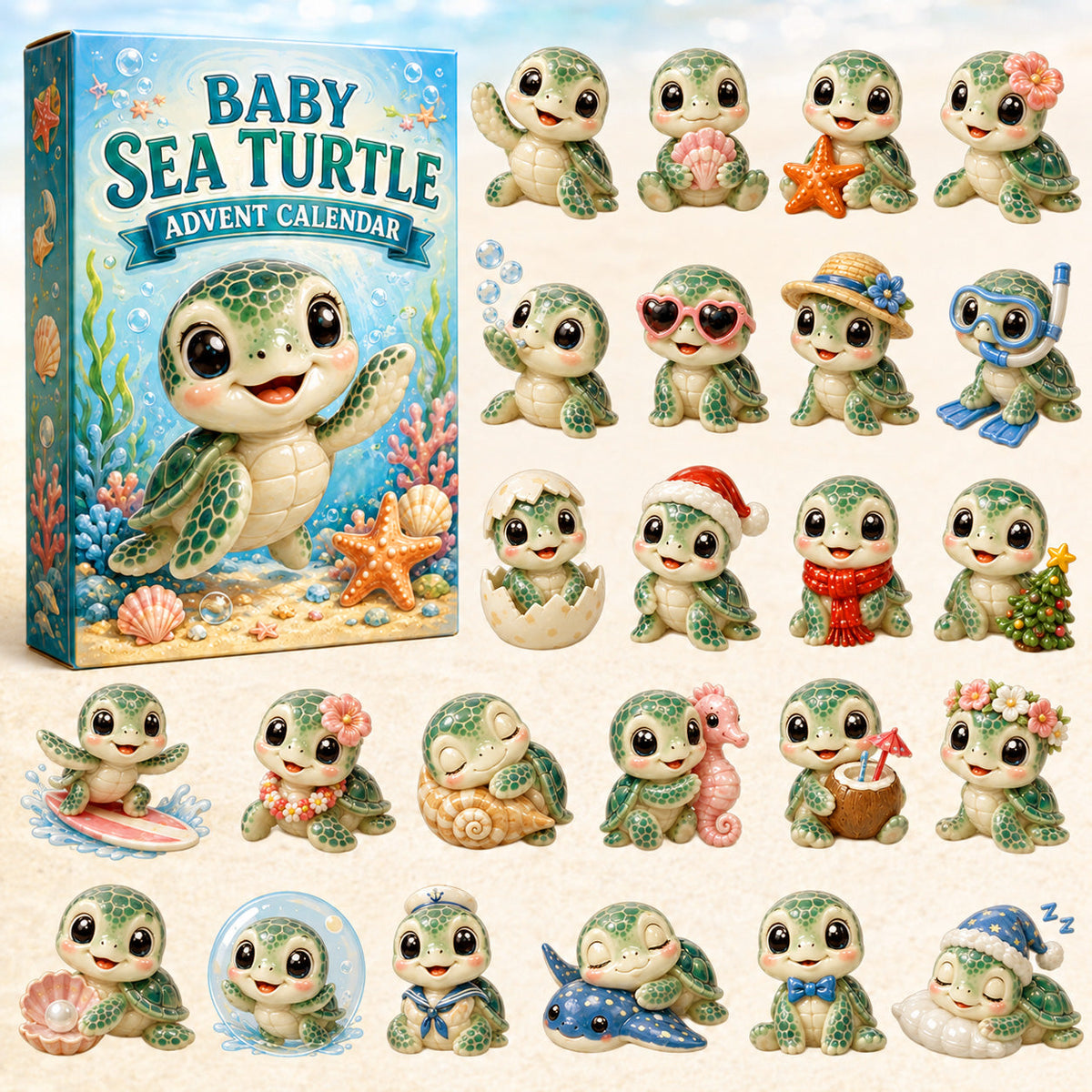 CHRISTMAS KICKOFF 40% OFF - Baby Sea Turtle Advent Calendar 2026 - 24-Day Festive Countdown, Acrylic Charms Blind Box - Gift For Sea Turtle Lovers