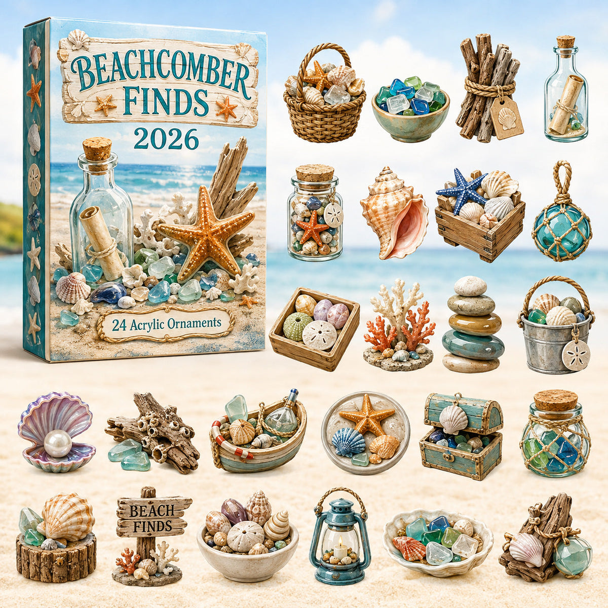 CHRISTMAS KICKOFF 40% OFF - Beachcomber Finds Advent Calendar 2026 - 24-Day Festive Countdown, Acrylic Charms Blind Box - Gift For Beach Lovers AC0HT308