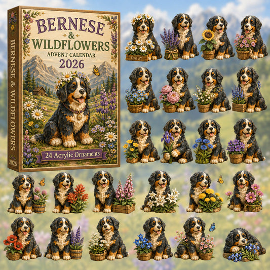 CHRISTMAS KICKOFF 40% OFF - Bernese & Wildflowers Advent Calendar 2026 - 24-Day Festive Countdown, Acrylic Charms Blind Box - Gift For Bernese Mountain Dog Lovers AC0HT414