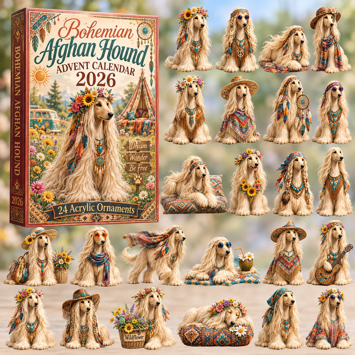 CHRISTMAS KICKOFF 40% OFF - Bohemian Afghan Hound Advent Calendar 2026 - 24-Day Festive Countdown, Acrylic Charms Blind Box - Gift For Afghan Hound Lovers AC0HT404