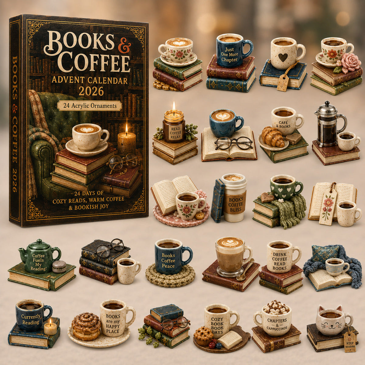 CHRISTMAS KICKOFF 40% OFF - Book & Coffee Advent Calendar 2026 - 24-Day Festive Countdown, Acrylic Charms Blind Box - Gift For Reading Lovers AC0HT428
