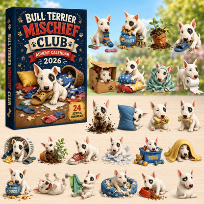 CHRISTMAS KICKOFF 40% OFF - Bull Terrier Mischief Club Advent Calendar 2026 - 24-Day Festive Countdown, Acrylic Charms Blind Box - Gift For Bull Terrier Lovers AC0HT179