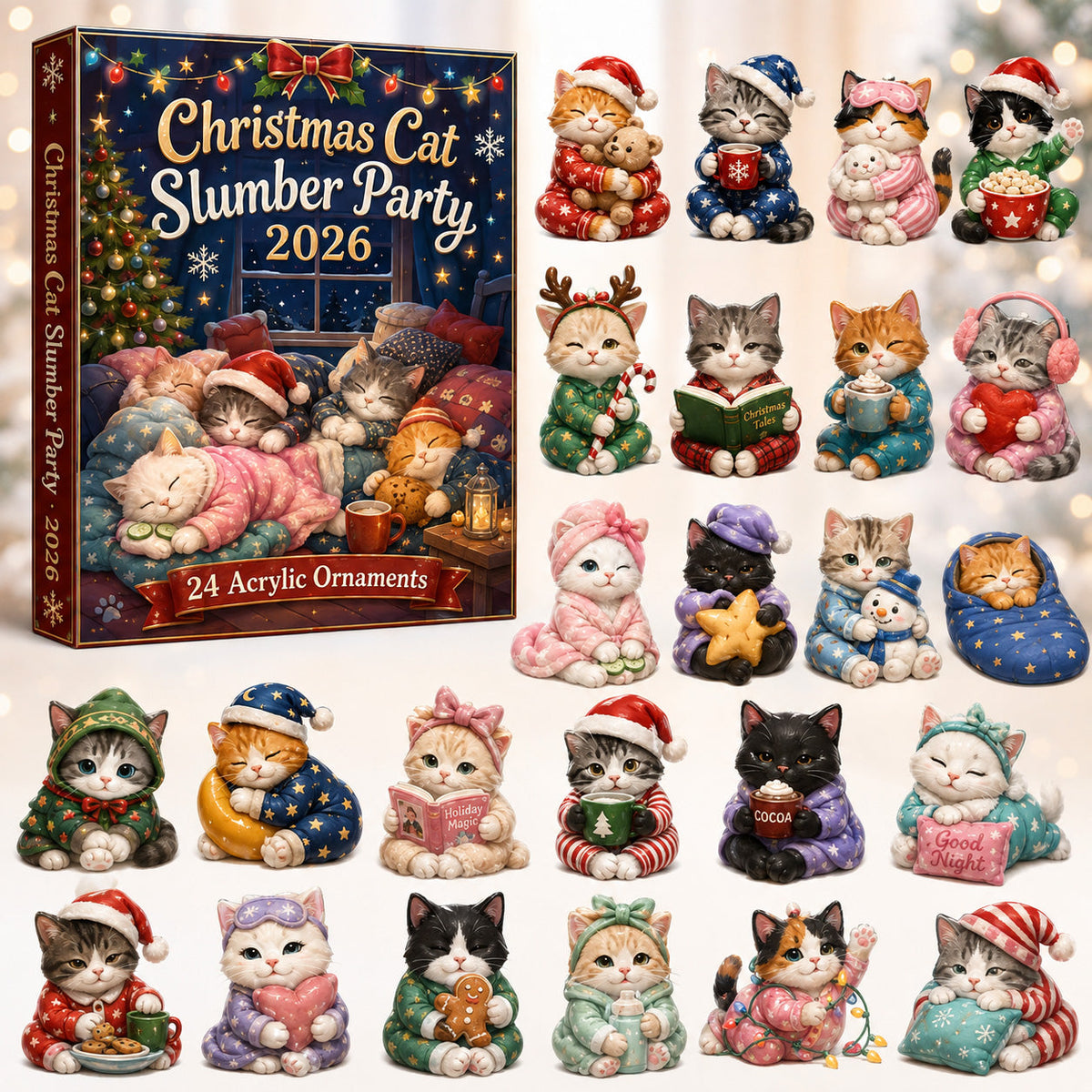 CHRISTMAS KICKOFF 40% OFF - Cat Slumber Party Advent Calendar 2026 - 24-Day Festive Countdown, Acrylic Charms Blind Box - Gift For Cat Lovers