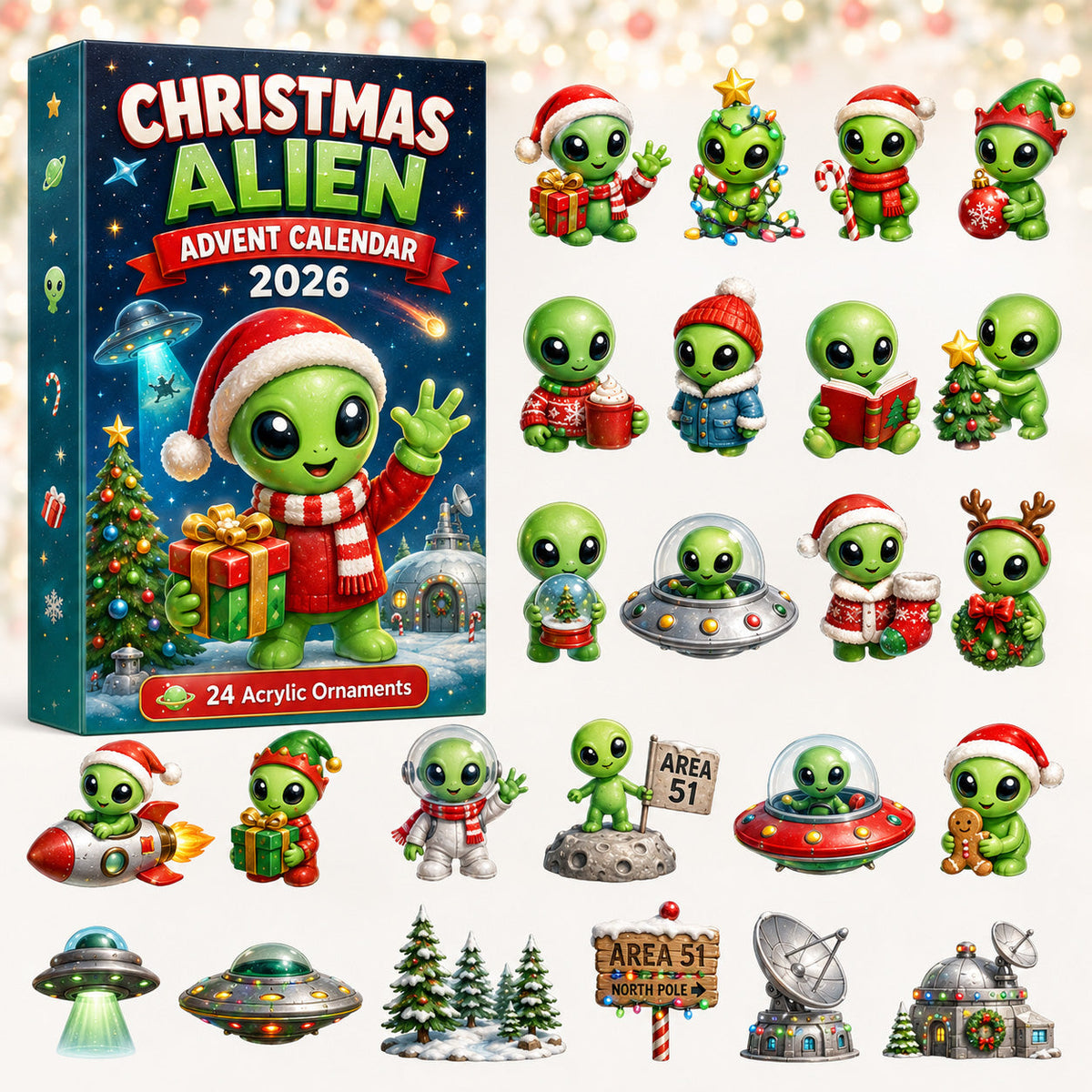 CHRISTMAS KICKOFF 40% OFF - Christmas Alien Area Advent Calendar 2026 - 24-Day Festive Countdown, Acrylic Charms Blind Box - Gift For Space Lovers, Family & Friends AC0HT252
