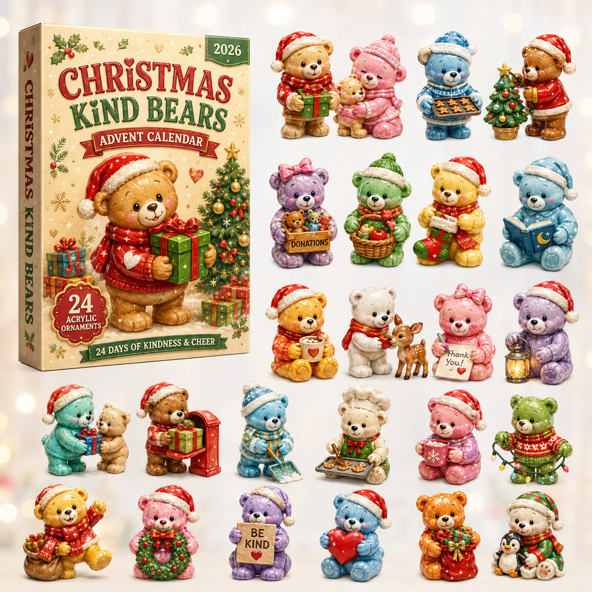 CHRISTMAS KICKOFF 40% OFF - Christmas Kind Bears Advent Calendar 2026 - 24-Day Festive Countdown, Acrylic Charms Blind Box - Gift For Kids, Family & Friends AC0HT372