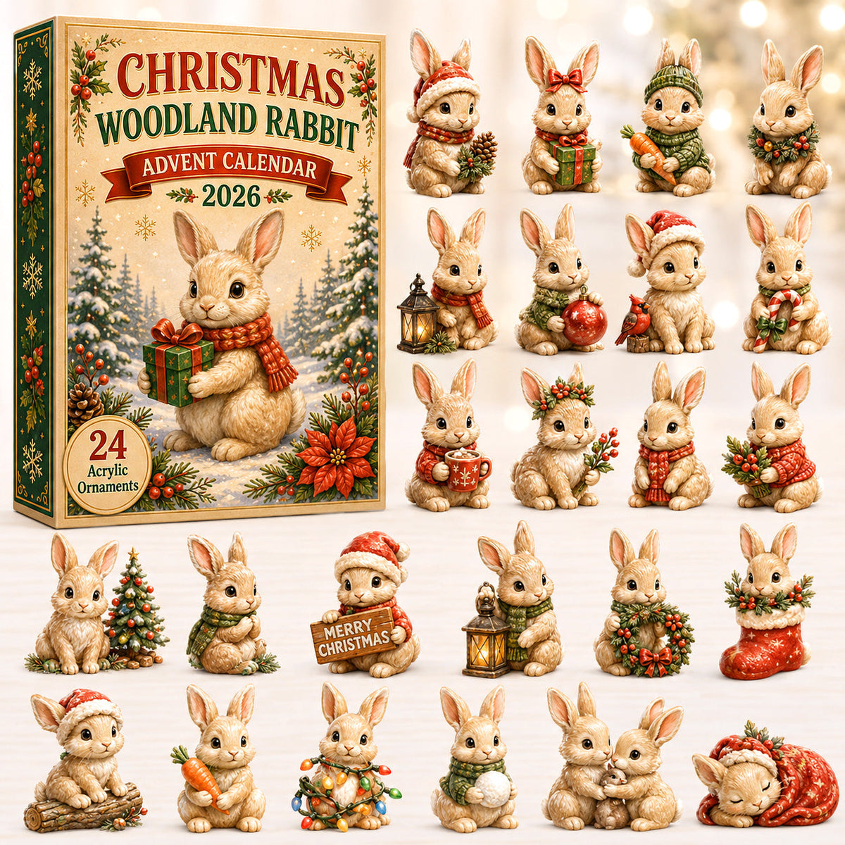 CHRISTMAS KICKOFF 40% OFF - Christmas Woodland Rabbit Advent Calendar 2026 - 24-Day Festive Countdown, Acrylic Charms Blind Box - Gift For Woodland Lovers, Family & Friends AC0HT291
