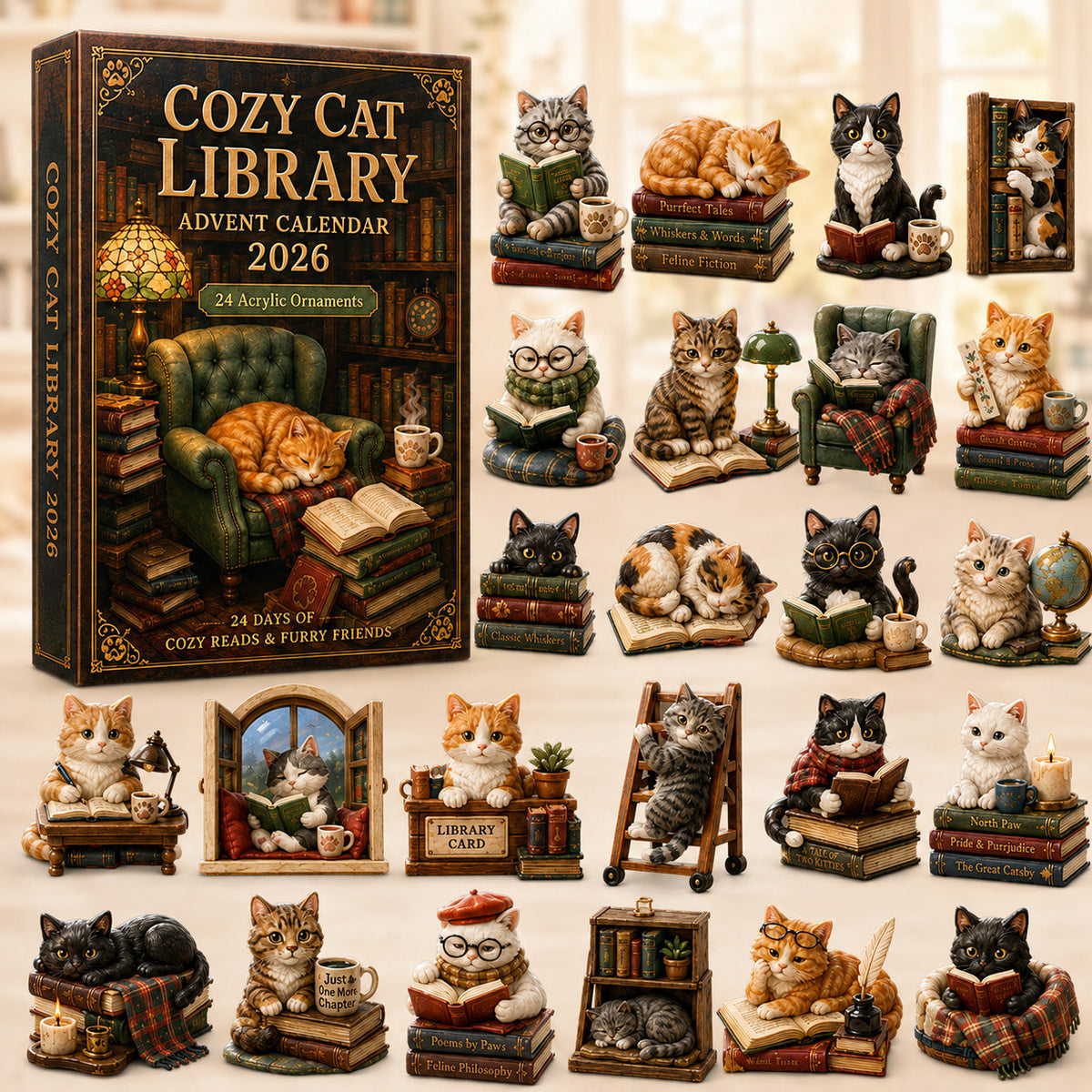 CHRISTMAS KICKOFF 40% OFF - Cozy Cat Library Advent Calendar 2026 - 24-Day Festive Countdown, Acrylic Charms Blind Box - Gift For Reading Lovers AC0HT430