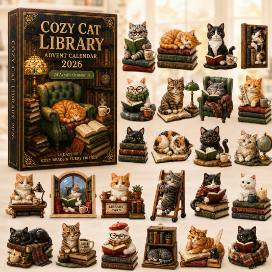 CHRISTMAS KICKOFF 40% OFF - Cozy Cat Library Advent Calendar 2026 - 24-Day Festive Countdown, Acrylic Charms Blind Box - Gift For Reading Lovers AC0HT430