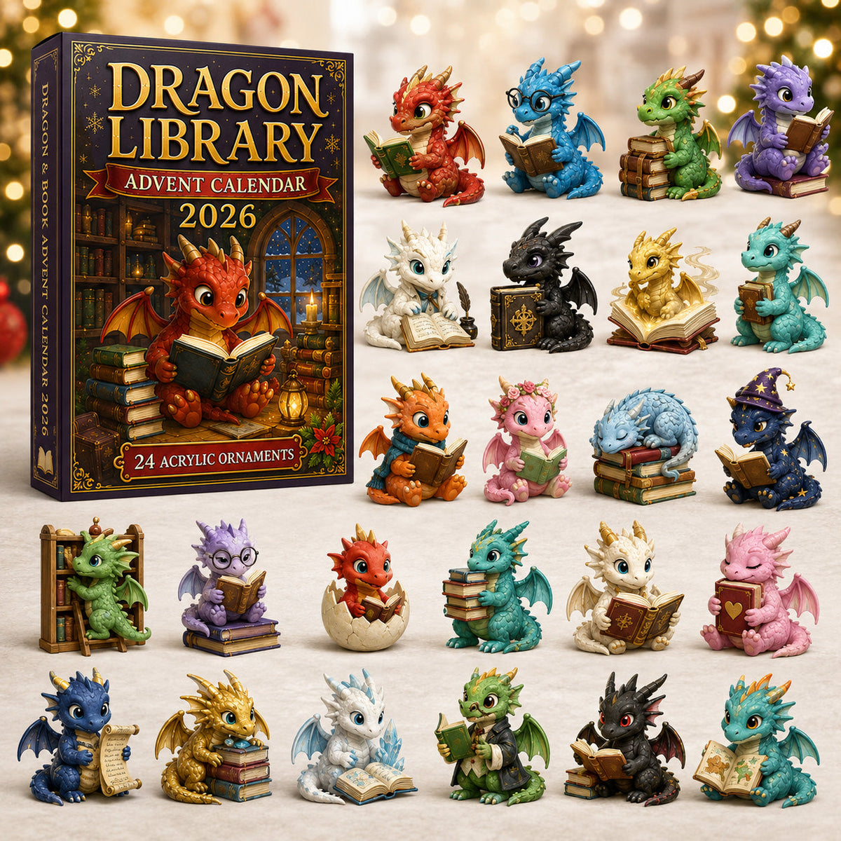 CHRISTMAS KICKOFF 40% OFF - Dragon Library Advent Calendar 2026 - 24-Day Festive Countdown, Acrylic Charms Blind Box - Gift For Dragon Lovers