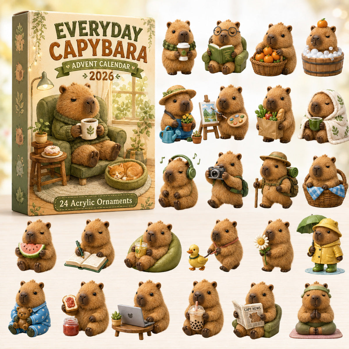CHRISTMAS KICKOFF 40% OFF - Everyday Capybara Advent Calendar 2026 - 24-Day Festive Countdown, Acrylic Charms Blind Box - Gift For Capybara Lovers AC0HT500