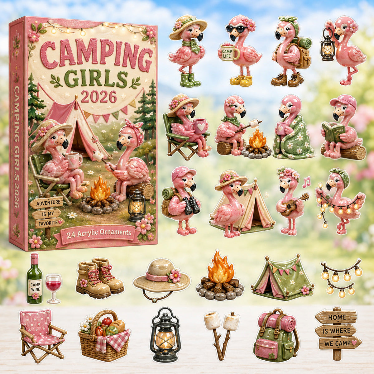 CHRISTMAS KICKOFF 40% OFF - Flamingo Camping Girls Advent Calendar 2026 - 24-Day Festive Countdown, Acrylic Charms Blind Box - Gift For Campers, Family & Friends
