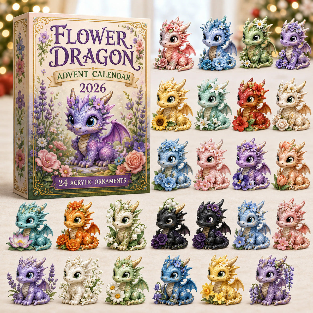 CHRISTMAS KICKOFF 40% OFF - Flower Dragon Advent Calendar 2026 - 24-Day Festive Countdown, Acrylic Charms Blind Box - Gift For Dragon Lovers