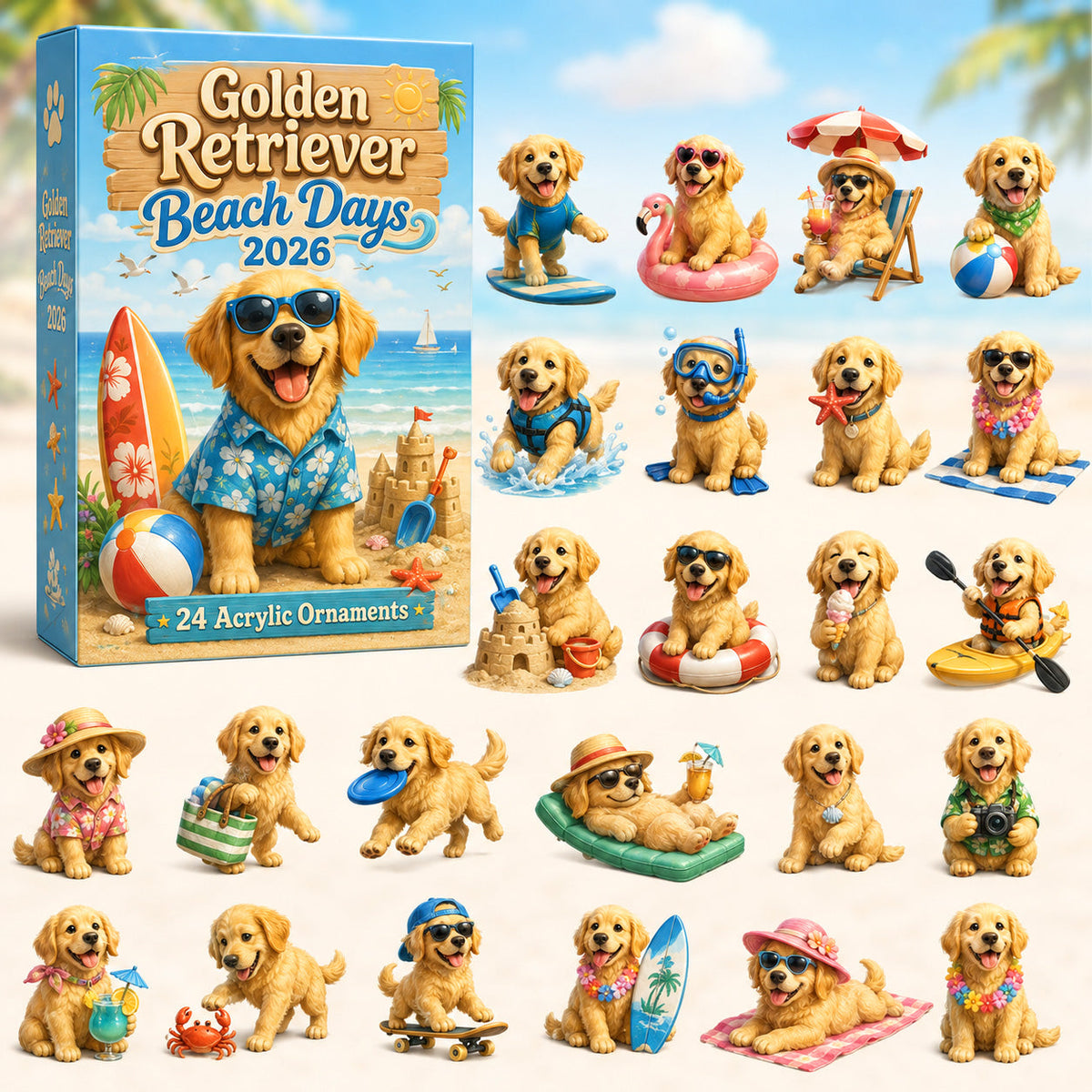 CHRISTMAS KICKOFF 40% OFF - Golden Retriever Beach Days Advent Calendar 2026 - 24-Day Festive Countdown, Acrylic Charms Blind Box - Gift For Golden Retriever Lovers AC0HT193
