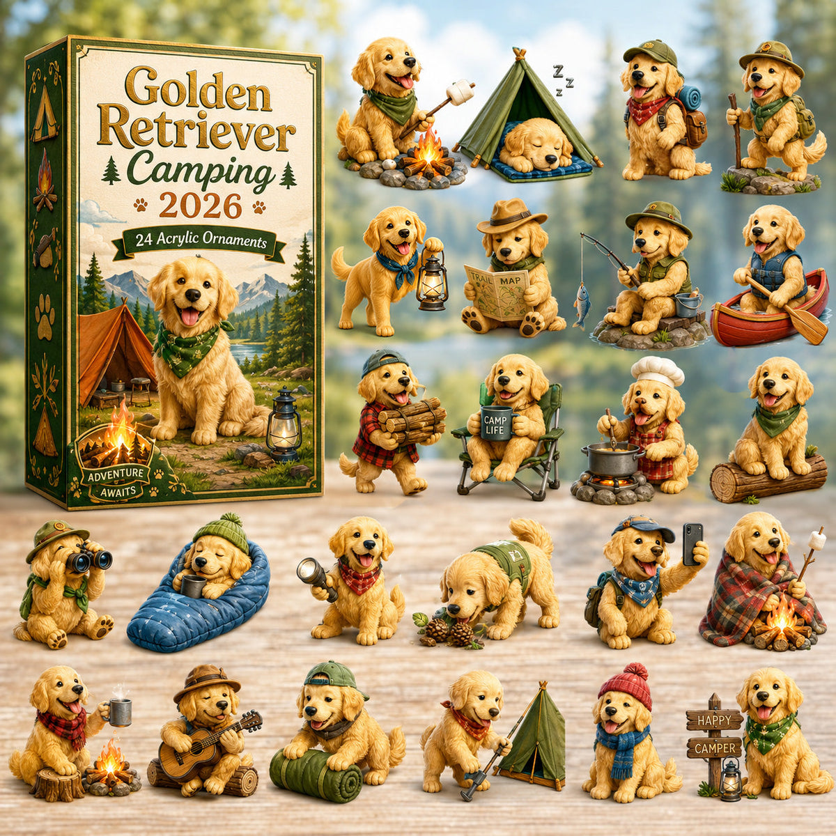 CHRISTMAS KICKOFF 40% OFF - Golden Retriever Camping Advent Calendar 2026 - 24-Day Festive Countdown, Acrylic Charms Blind Box - Gift For Golden Retriever Lovers AC0HT190