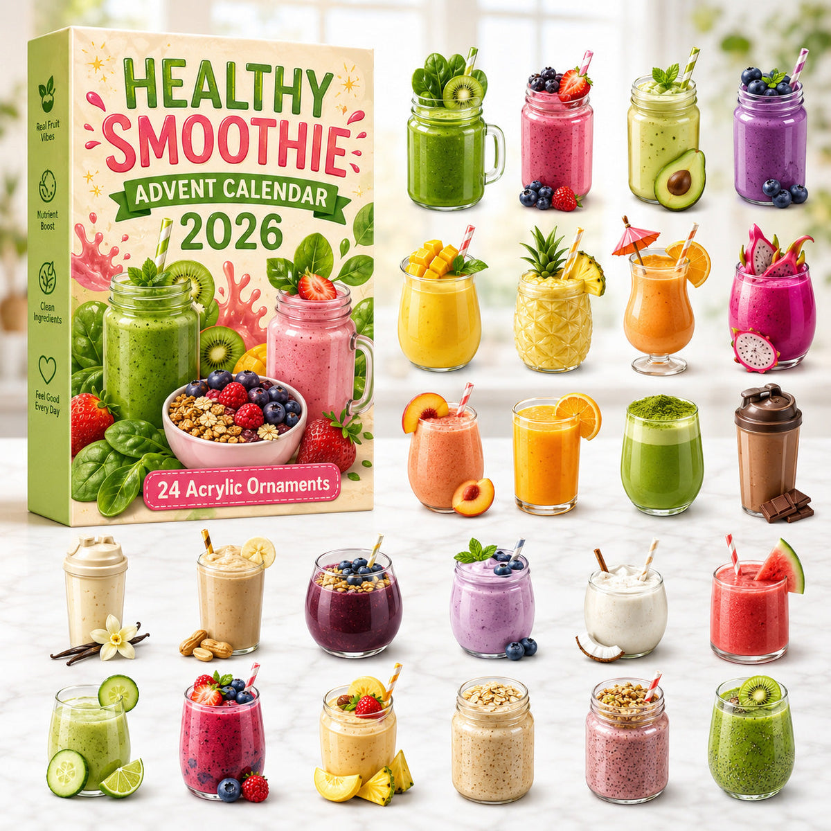 CHRISTMAS KICKOFF 40% OFF - Healthy Smoothie Advent Calendar 2026 - 24-Day Festive Countdown, Acrylic Charms Blind Box - Gift For Smoothie Lovers AC0HT538