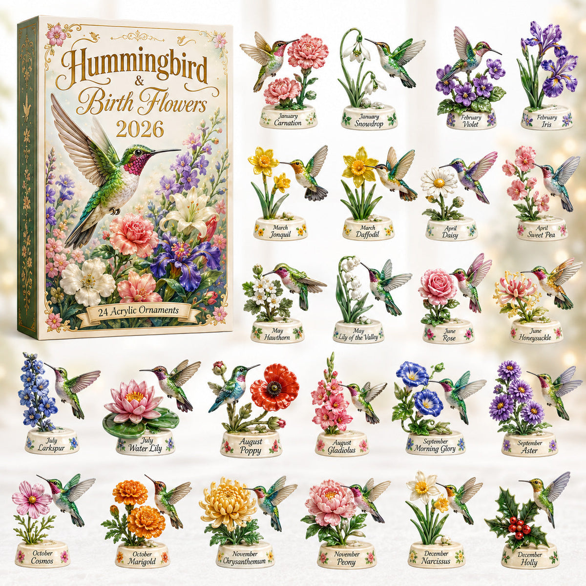 CHRISTMAS KICKOFF 40% OFF - Hummingbird & Birth Flowers Advent Calendar 2026 - 24-Day Festive Countdown, Acrylic Charms Blind Box - Gift For Hummingbird Lovers AC0HT439