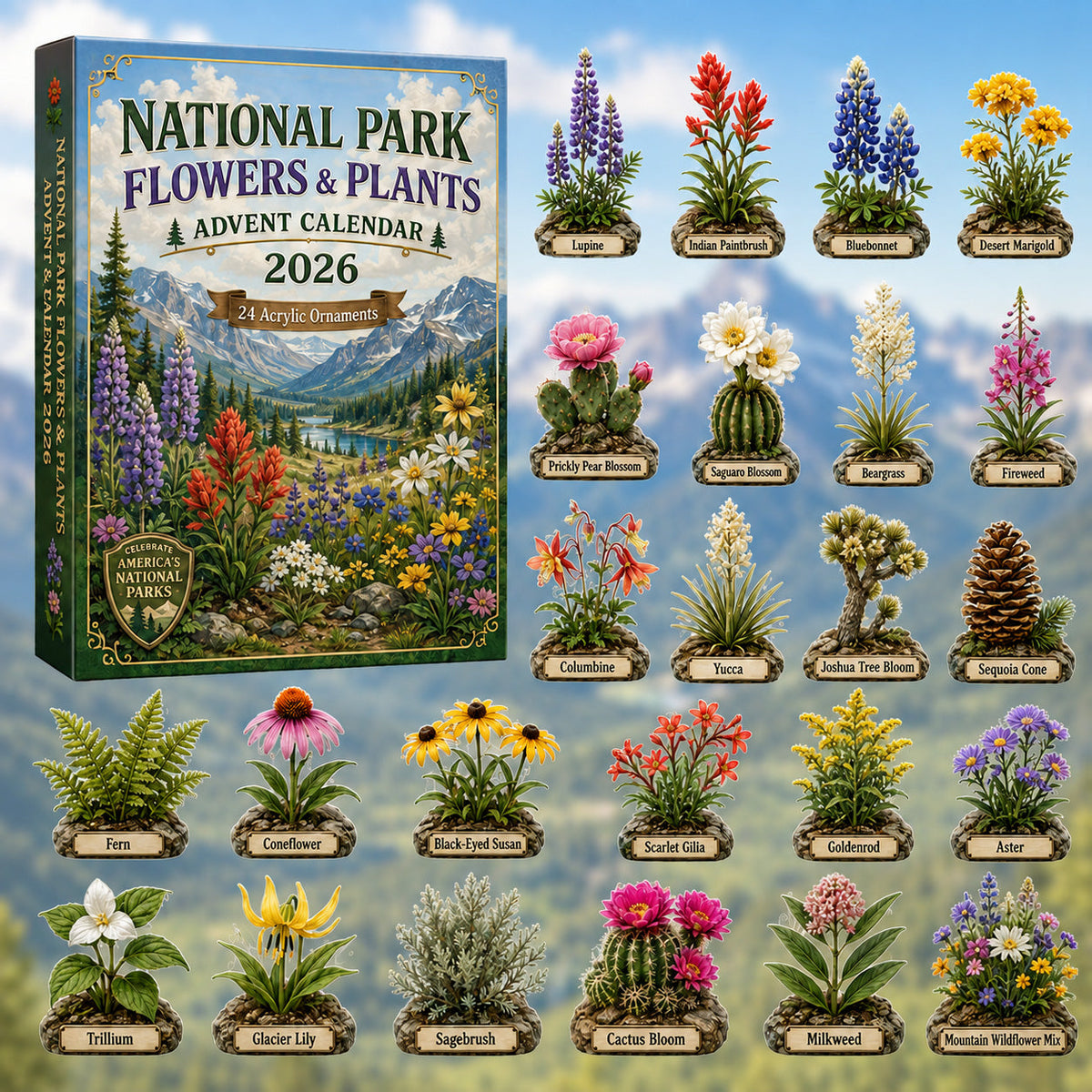 CHRISTMAS KICKOFF 40% OFF - National Park Flowers & Plants Advent Calendar 2026 - 24-Day Festive Countdown, Acrylic Charms Blind Box - Gift For Family & Friends AC0HT297