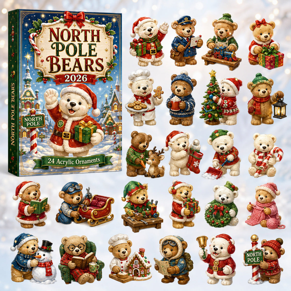 CHRISTMAS KICKOFF 40% OFF - North Pole Bears Advent Calendar 2026 - 24-Day Festive Countdown, Acrylic Charms Blind Box - Gift For Kids, Family & Friends AC0HT374