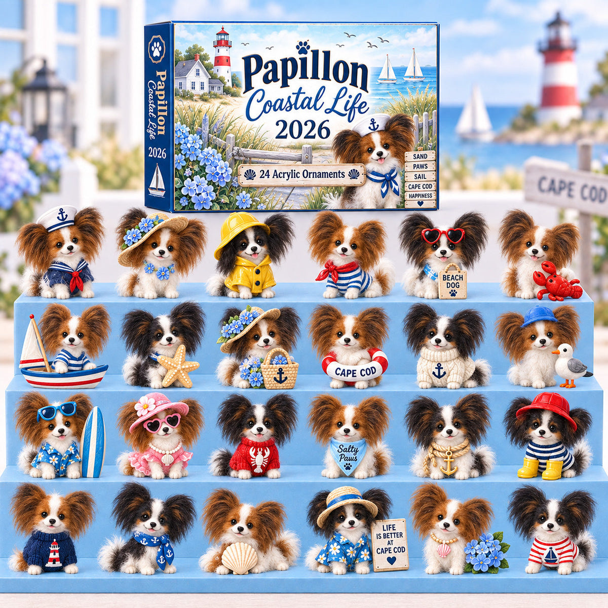 CHRISTMAS KICKOFF 40% OFF - Papillon Coastal Life Advent Calendar 2026 - 24-Day Festive Countdown, Acrylic Charms Blind Box - Gift For Papillon Dog Lovers AC0HT581