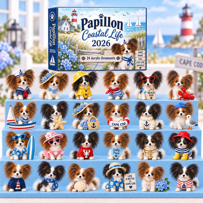 CHRISTMAS KICKOFF 40% OFF - Papillon Coastal Life Advent Calendar 2026 - 24-Day Festive Countdown, Acrylic Charms Blind Box - Gift For Papillon Dog Lovers AC0HT581
