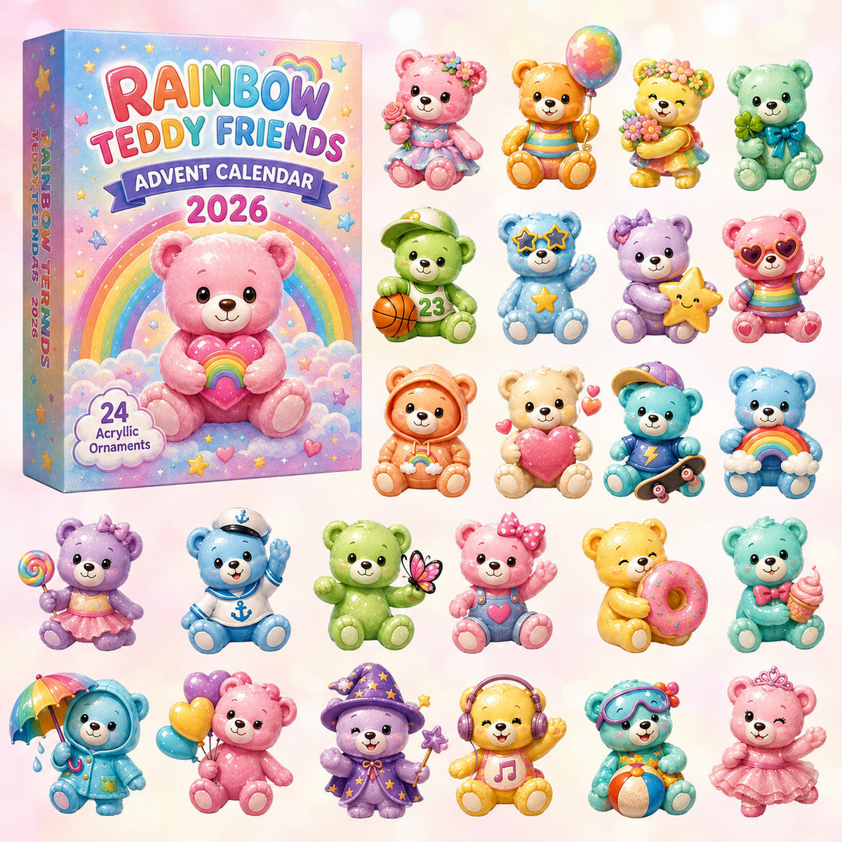 CHRISTMAS KICKOFF 40% OFF - Rainbow Teddy Friends Advent Calendar 2026 - 24-Day Festive Countdown, Acrylic Charms Blind Box - Gift For Kids, Family & Friends AC0HT370