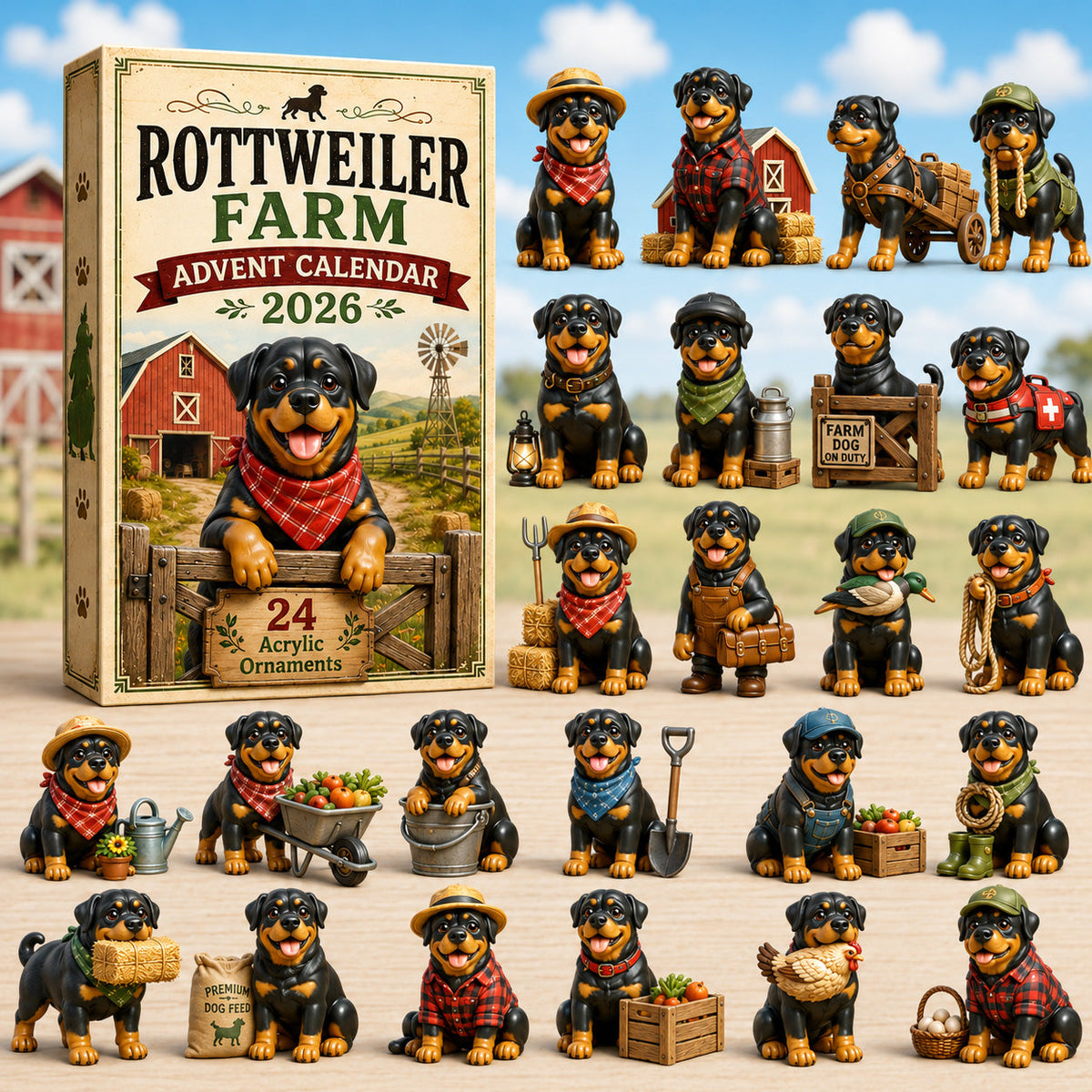 CHRISTMAS KICKOFF 40% OFF - Rottweiler Farm Advent Calendar 2026 - 24-Day Festive Countdown, Acrylic Charms Blind Box - Gift For Rottweiler Lovers AC0HT199