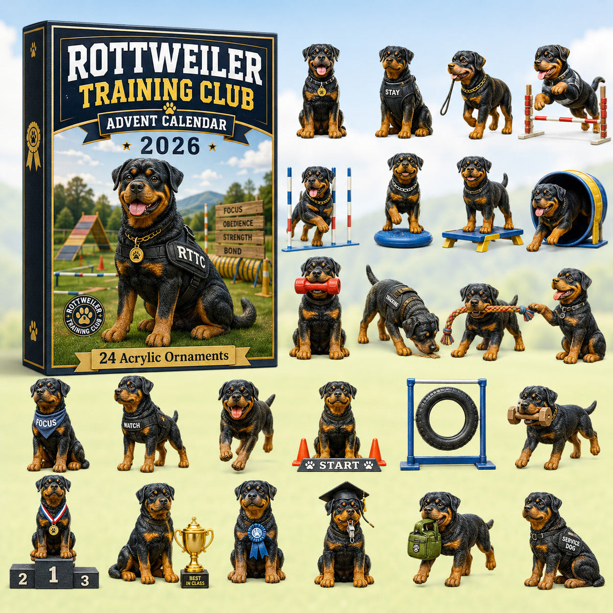 CHRISTMAS KICKOFF 40% OFF - Rottweiler Training Club Advent Calendar 2026 - 24-Day Festive Countdown, Acrylic Charms Blind Box - Gift For Rottweiler Lovers AC0HT197