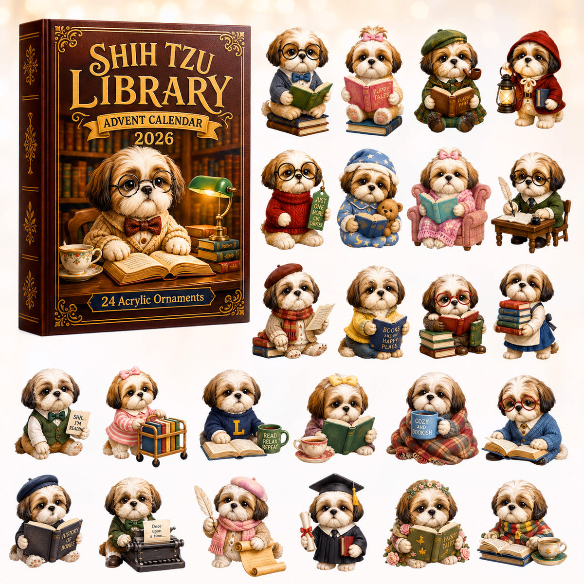 CHRISTMAS KICKOFF 40% OFF - Shih Tzu Library Advent Calendar 2026 - 24-Day Festive Countdown, Acrylic Charms Blind Box - Gift For Shih Tzu Lovers AC0HT585