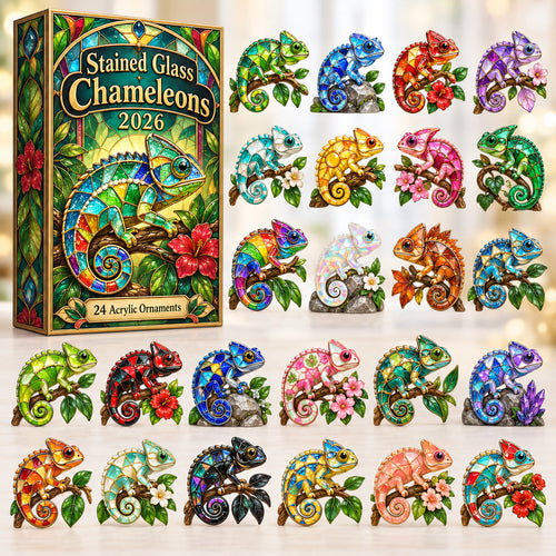 CHRISTMAS KICKOFF 40% OFF - Stained Glass Chameleons Advent Calendar 2026 - 24-Day Festive Countdown, Acrylic Charms Blind Box - Gift For Lizard Lovers AC0HT645