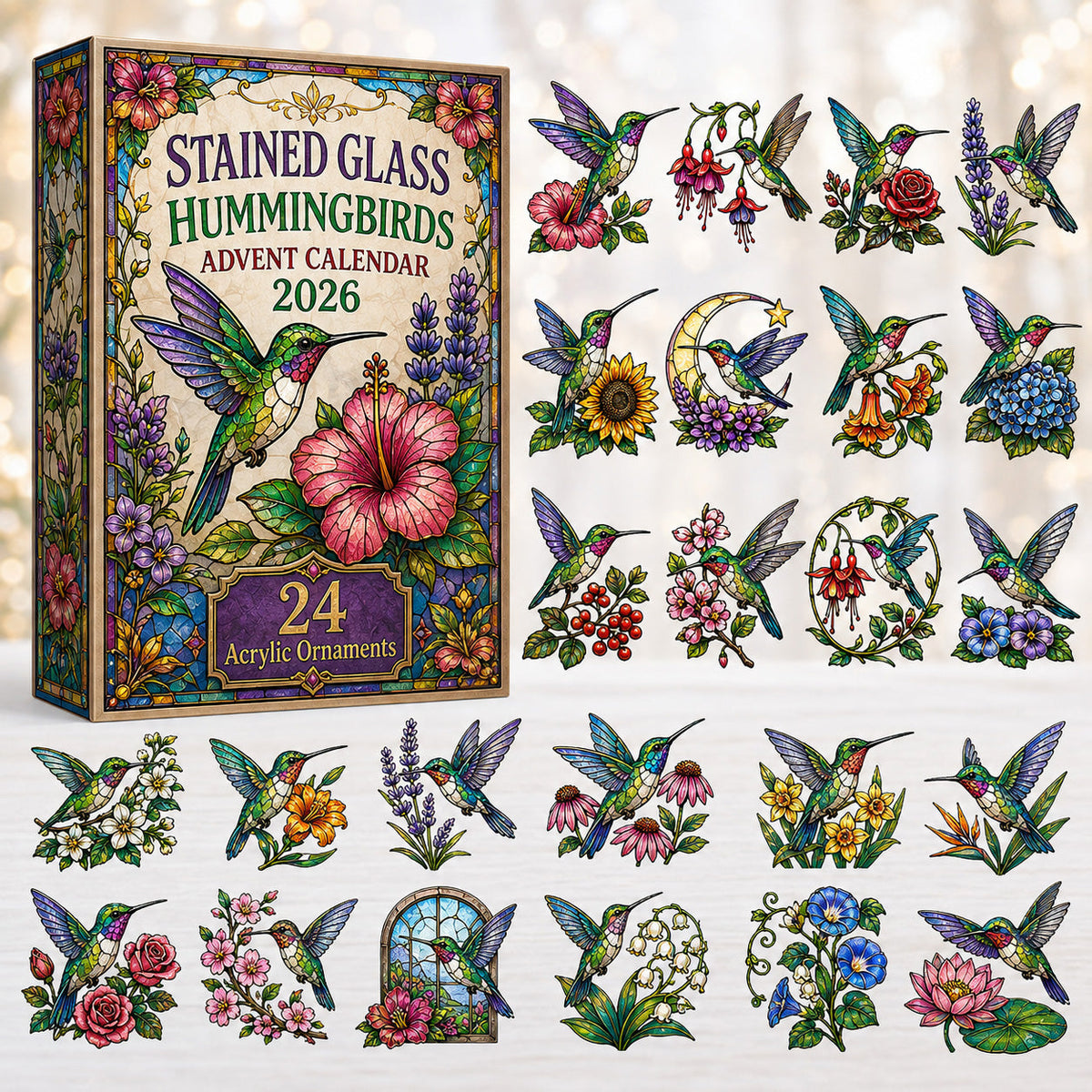 CHRISTMAS KICKOFF 40% OFF - Stained Glass Hummingbirds Advent Calendar 2026 - 24-Day Festive Countdown, Acrylic Charms Blind Box - Gift For Hummingbird Lovers AC0HT438