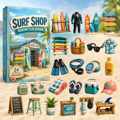 CHRISTMAS KICKOFF 40% OFF - Surf Shop Advent Calendar 2026 - 24-Day Festive Countdown, Acrylic Charms Blind Box - Gift For Surfing Lovers AC0HT309