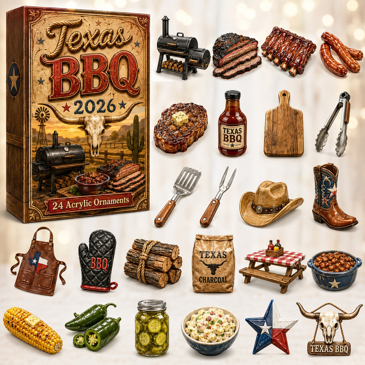 CHRISTMAS KICKOFF 40% OFF - Texas BBQ Advent Calendar 2026 - 24-Day Festive Countdown, Acrylic Charms Blind Box - Gift For Texans, Family & Friends AC0HT554
