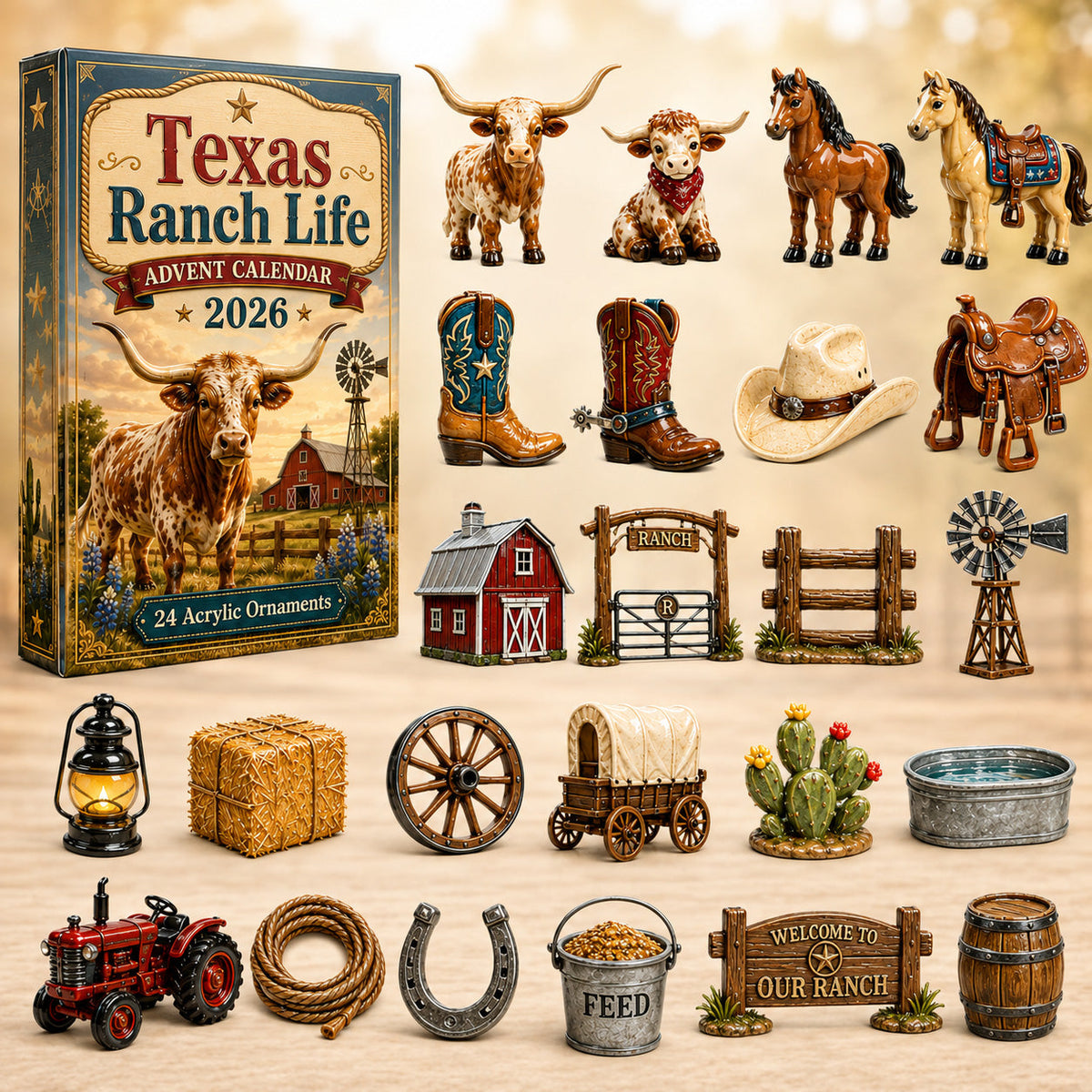 CHRISTMAS KICKOFF 40% OFF - Texas Ranch Life Advent Calendar 2026 - 24-Day Festive Countdown, Acrylic Charms Blind Box - Gift For Texans, Family & Friends AC0HT555