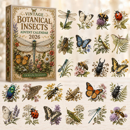 CHRISTMAS KICKOFF 40% OFF - Vintage Botanical Insects Advent Calendar 2026 - 24-Day Festive Countdown, Acrylic Charms Blind Box - Gift For Nature Lovers AC0HT361