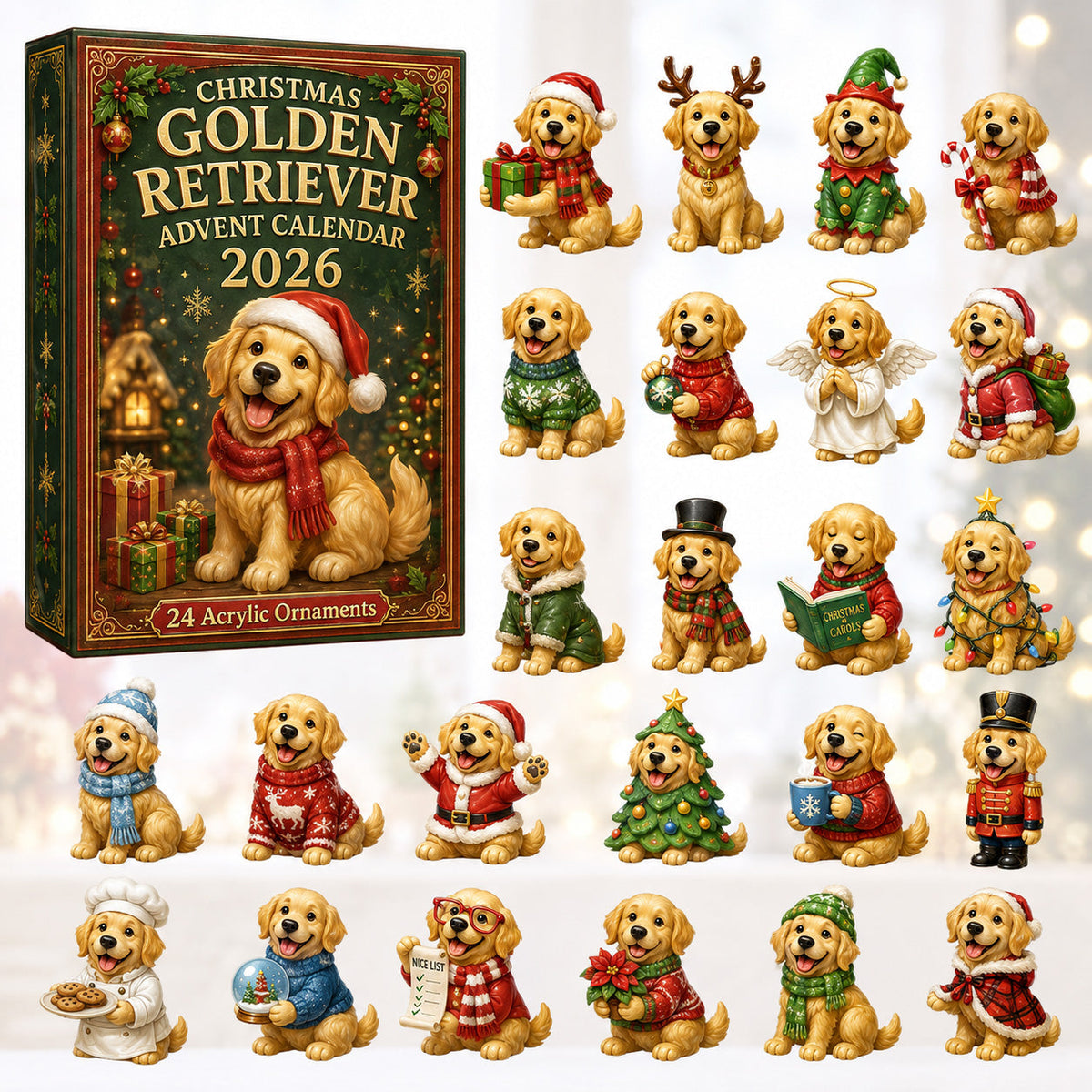 CHRISTMAS KICKOFF 40% OFF - Xmas Golden Retriever Cosplay Advent Calendar 2026 - 24-Day Festive Countdown, Acrylic Charms Blind Box - Gift For Golden Retriever Lovers