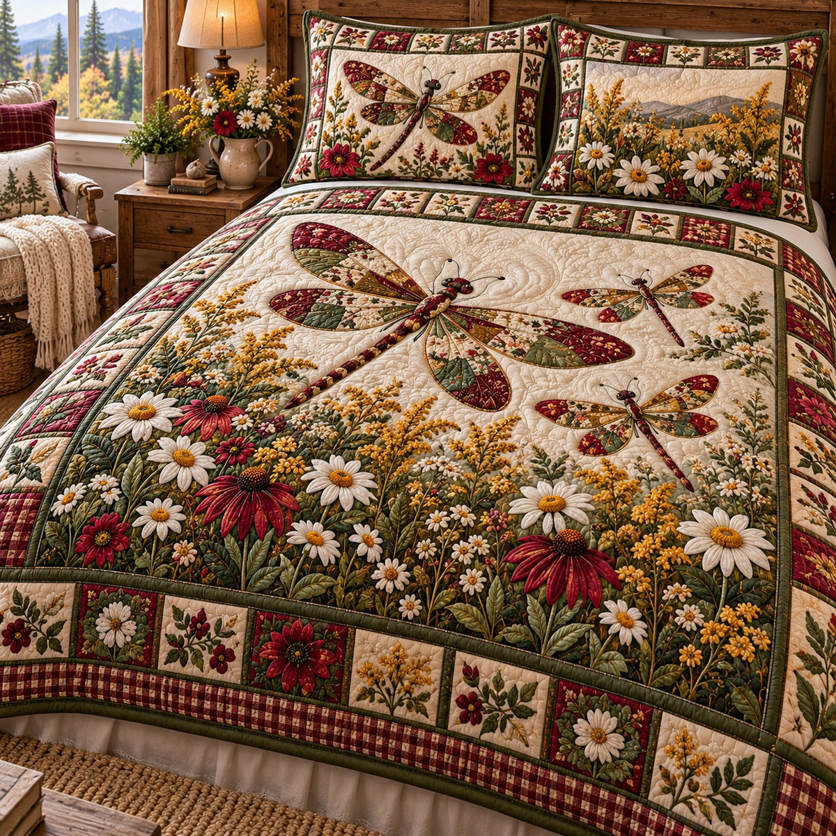 Cabin Meadow Dragonflies 3-Piece Quilted Bedding Set NCU0NTD2449