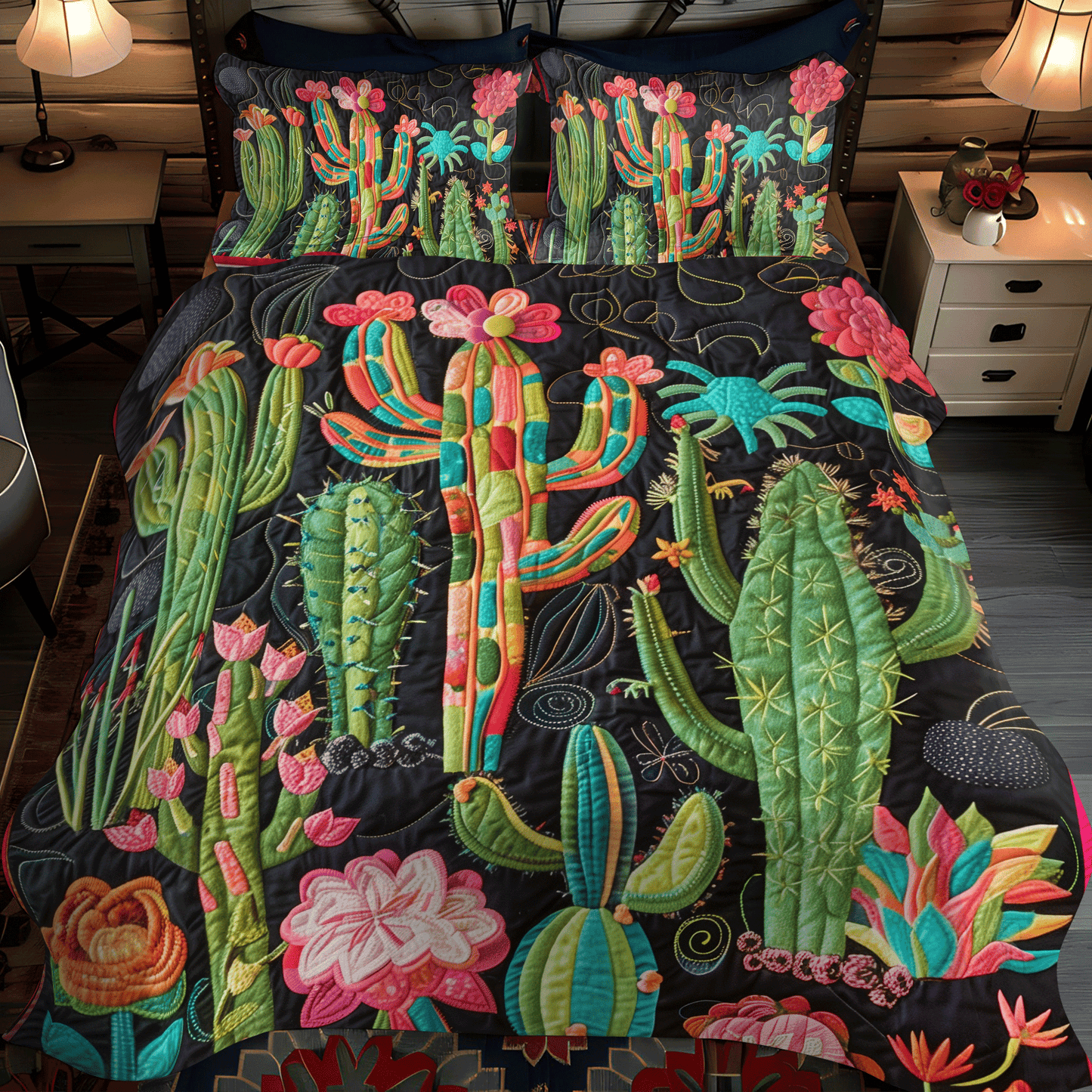 Cactus Desert Blossom 3-Piece Quilted Bedding Set NCU0DV335