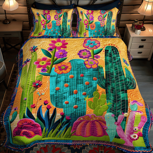 Cactus Sunrise Symphony 3-Piece Quilted Bedding Set NCU0DV339