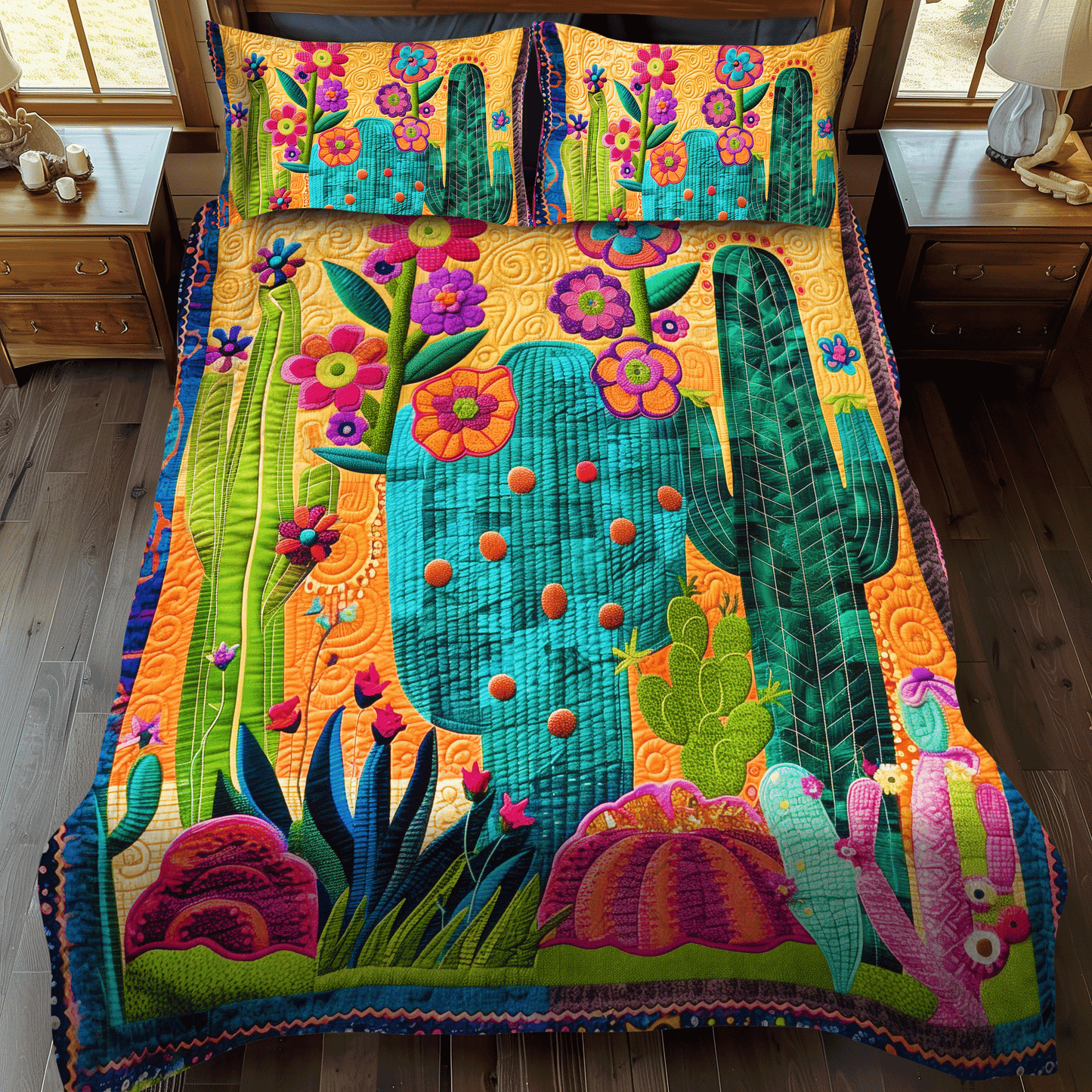 Cactus Sunrise Symphony 3-Piece Quilted Bedding Set NCU0DV339