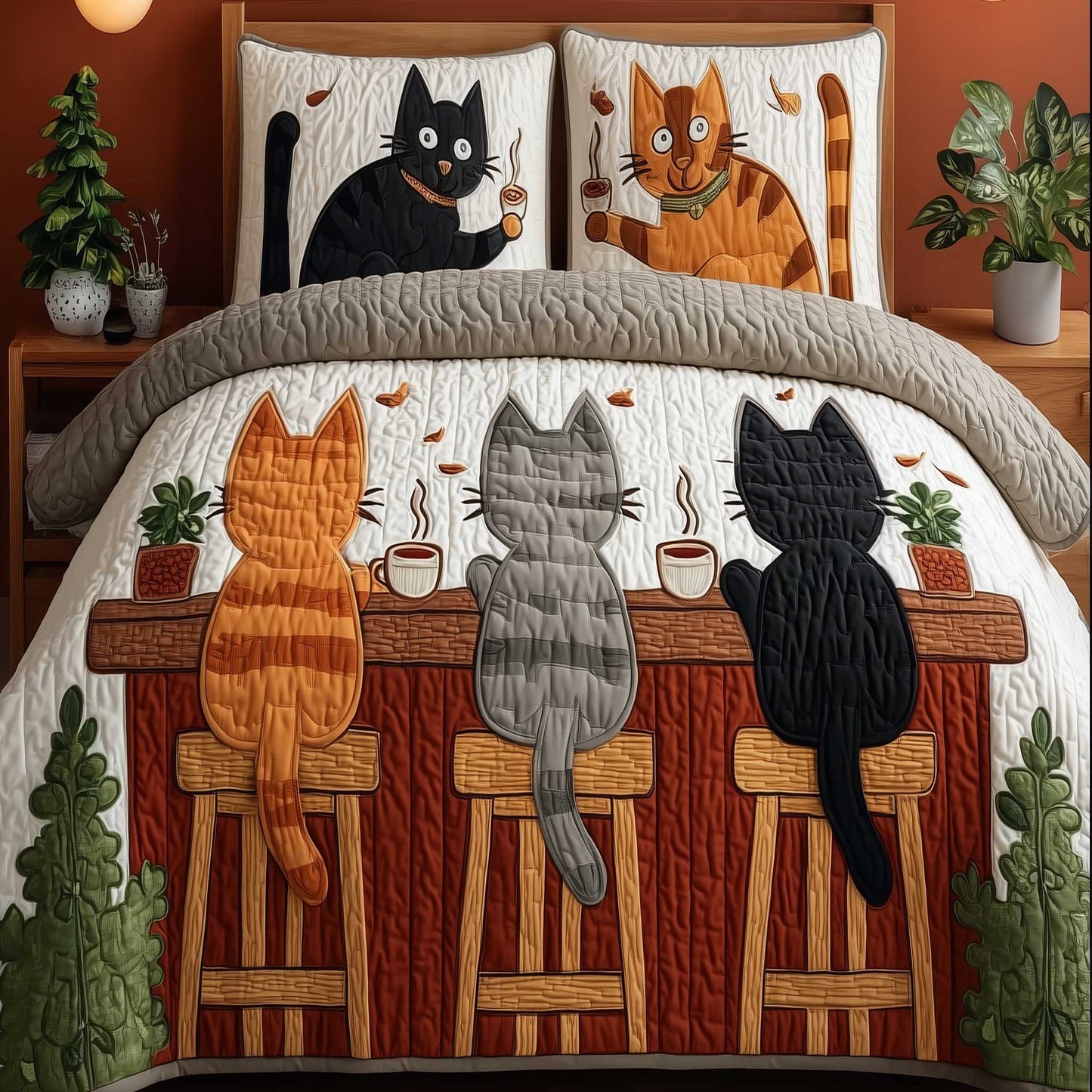 Cafe Cats Night Out 3-Piece Quilted Bedding Set NCU0HTT169