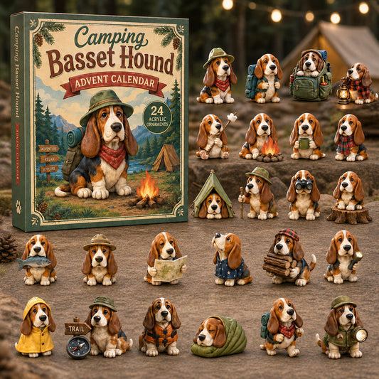 CHRISTMAS KICKOFF 40% OFF - Camping Basset Hound Advent Calendar 2026 - 24-Day Festive Countdown, Acrylic Charms Blind Box - Gift For Basset Hound Lovers AC0NT232