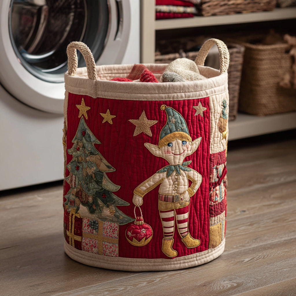 Candy Cane Elf Quilted Laundry Basket NCU0HNH487