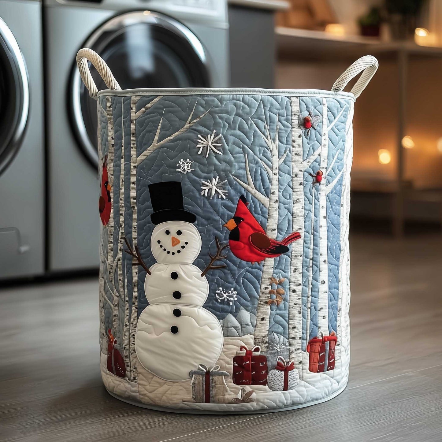 Cardinal And Snowman Winter Quilted Laundry Basket NCU0HTT043