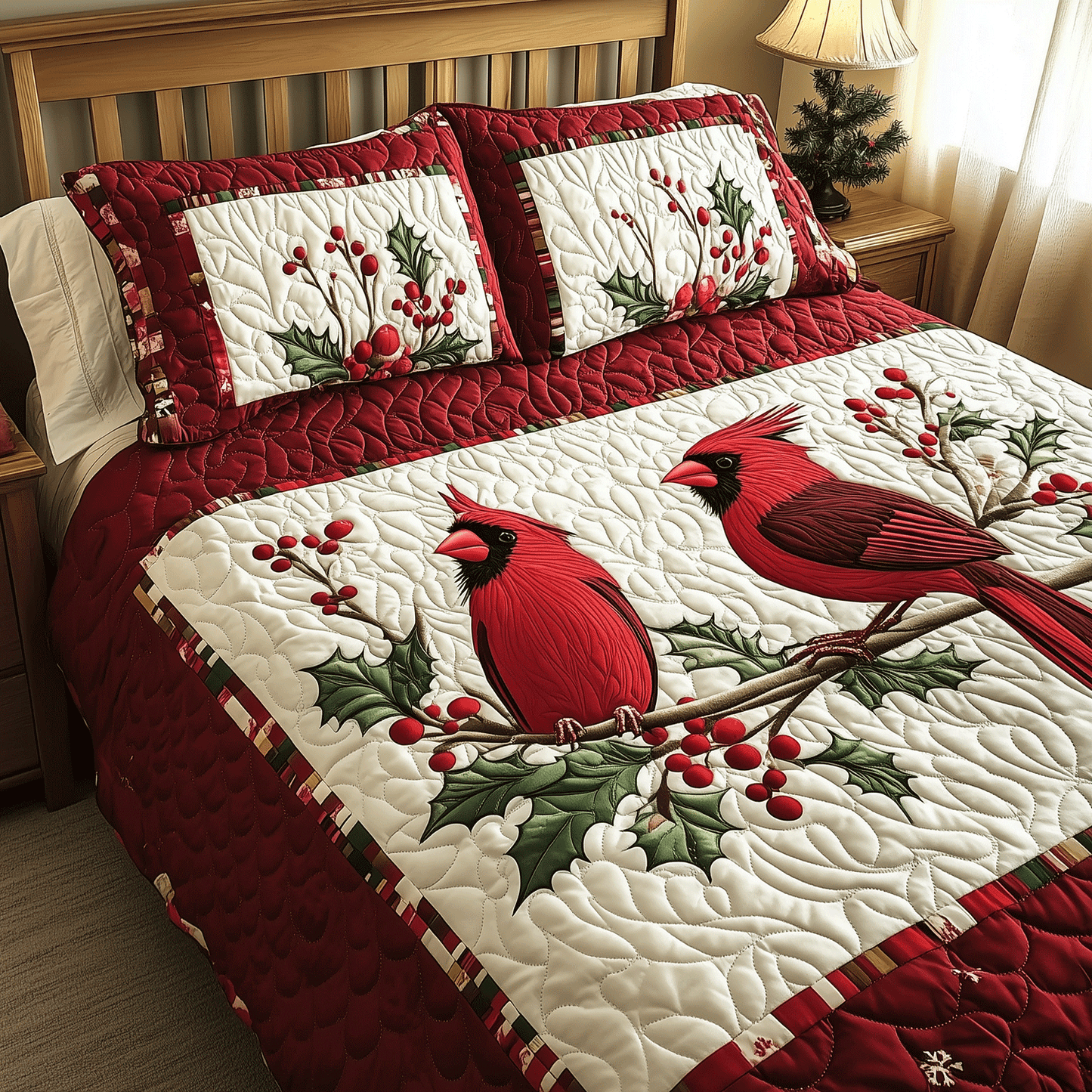 Cardinal Couple Delight 3-Piece Quilted Bedding Set NCU0TH2084