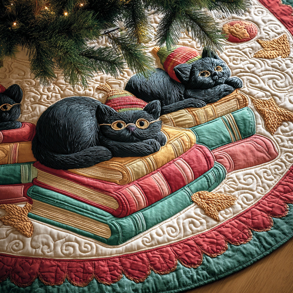 Cat Book Corner Christmas Quilted Tree Skirt NCU0NTD852
