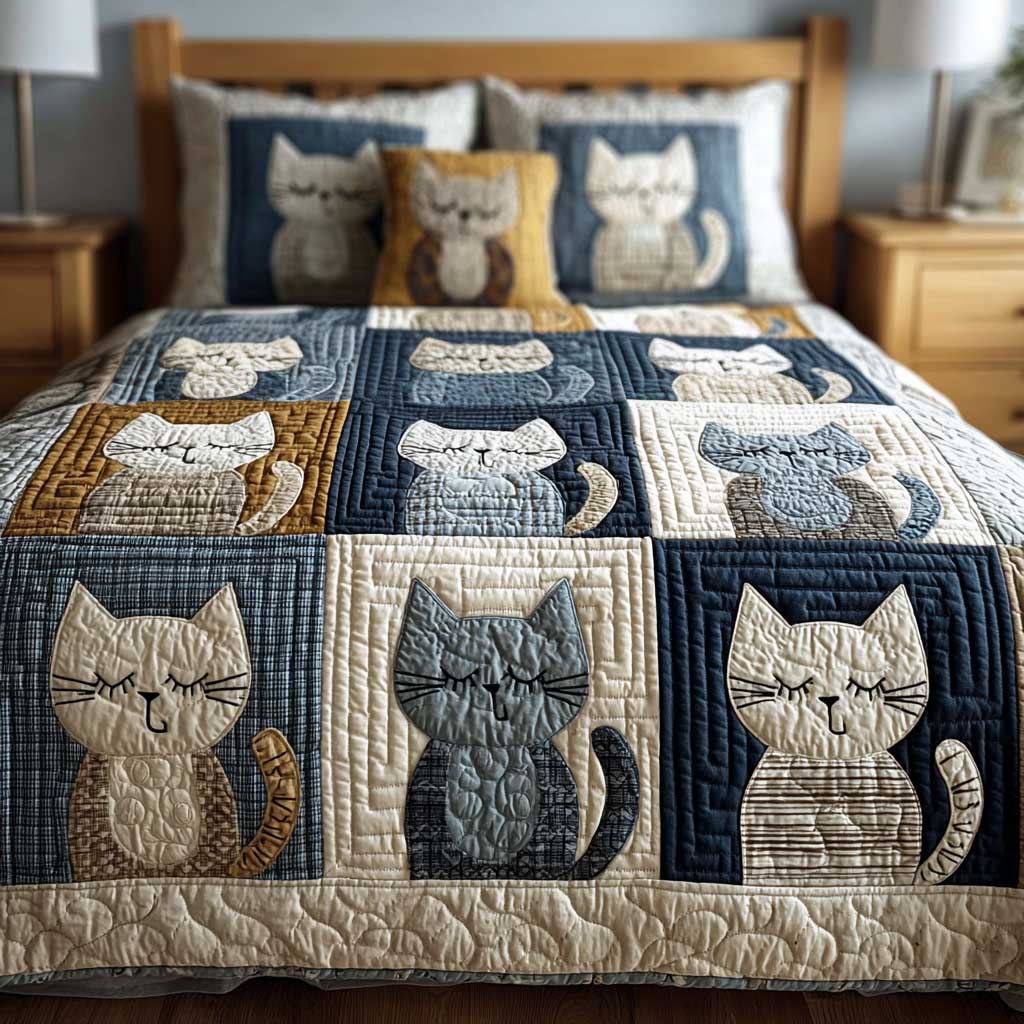 Charming Feline Patch 3-Piece Quilted Bedding Set NCU0HTT171
