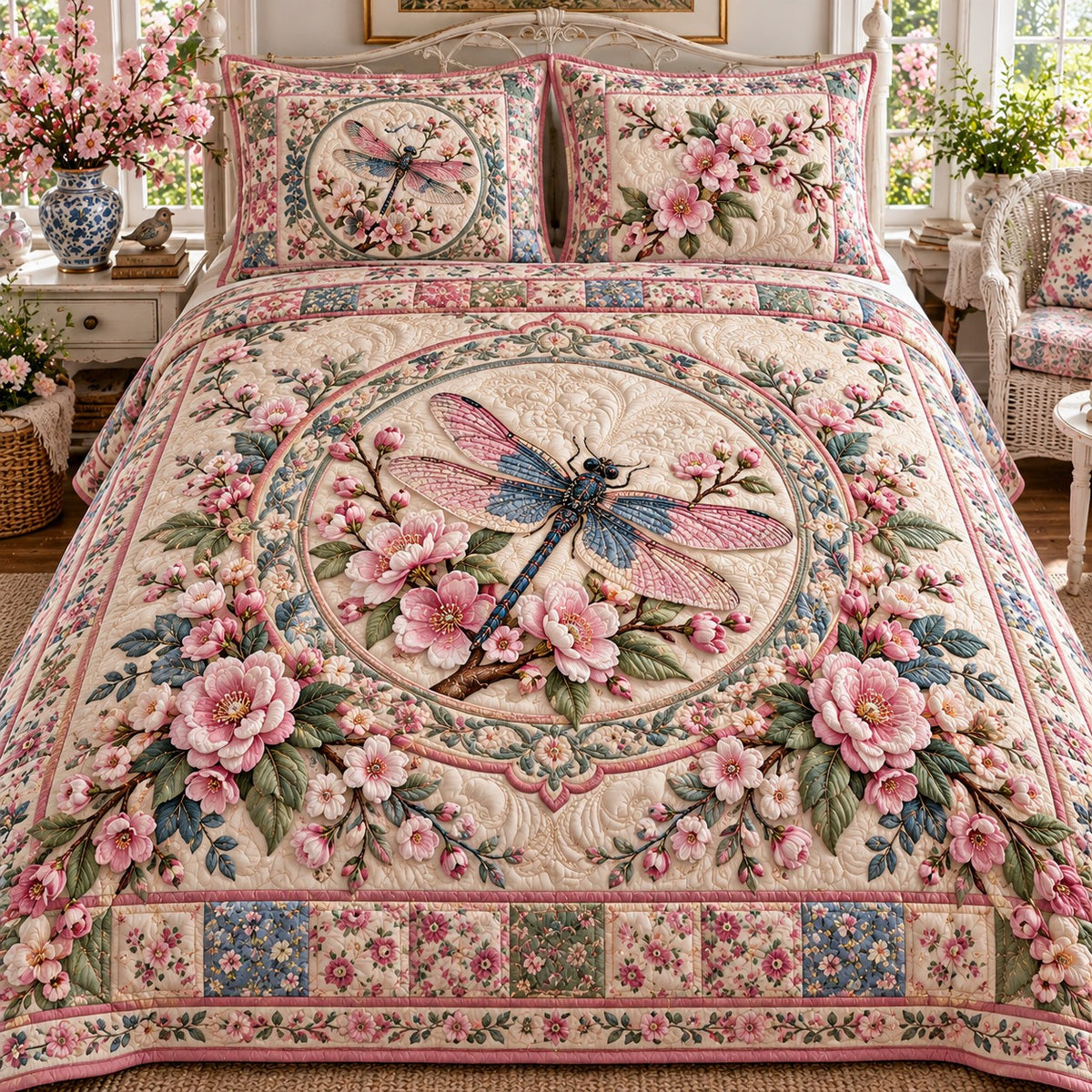 Cherry Blossom Dragonfly 3-Piece Quilted Bedding Set NCU0NTD2451