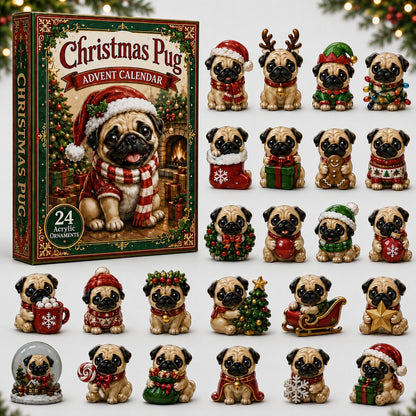 CHRISTMAS KICKOFF 40% OFF - Christmas Pug Advent Calendar 2026 - 24-Day Festive Countdown, Acrylic Charms Blind Box - Gift For Dog Lovers
